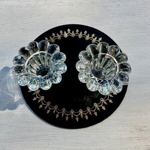 VINTAGE, KIG MALAYSIA, CRYSTAL CANDLE HOLDERS. 3 1/4” SCALLOPED RIM.